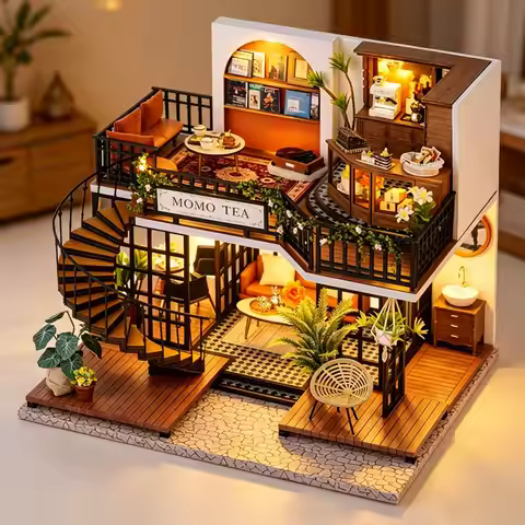 Zuuton 3D MOMO TEA Cafe DIY Dollhouse Kit Wooden Miniature House with LED Light Easy Assembly Craft