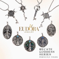 EUDORA Sterling Silver Hecate Goddess Necklace Collection, Triple Moon Goddess Pendant, Divine Femin