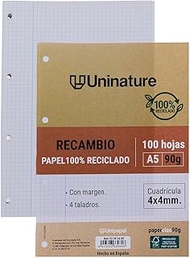 Unipapel Recycled Paper A5 100 Sheets Squared 4 x 4 with Margin Super Strong Paper PaperClass 90 g