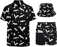 Men's 2-Piece Retro Outfit 80s 90s Tracksuit Hawaiian Outfit Set Shirts,beach Shorts And Bucket Hat