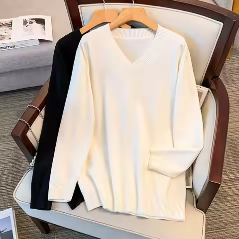 175Kg Plus Size Women's Bust 160 Spring Autumn Winter Loose V-Neck Pullover Sweater Knitted Black Wh