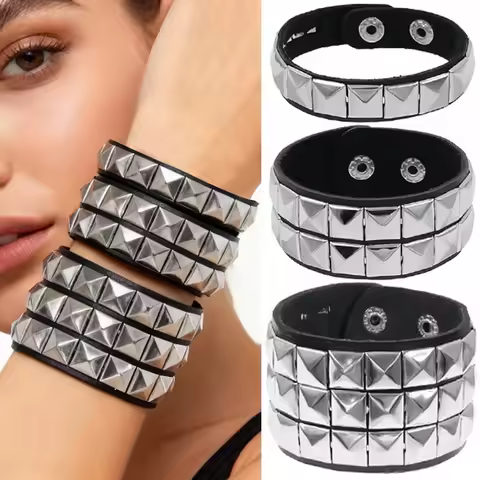 Punk Rock Bracelet Men Black Cuff Leather Bracelet Wristband Metal Rivets Stud Charm Wrap Bangle Wom
