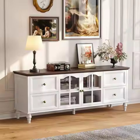 62 Inch Farmhouse Wood TV Stand Entertainment Center with Storage, 4 Drawers & Glass Doors, Adjustab