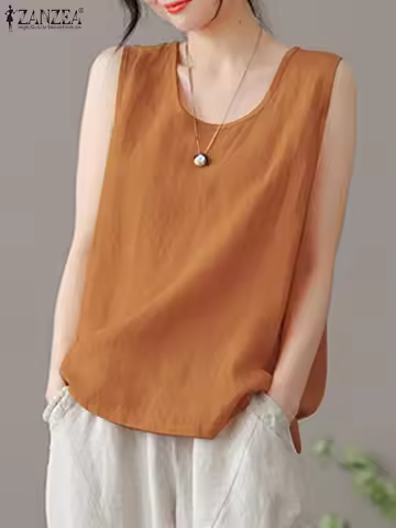 2024 ZANZEA Summer Tanks Tops Women Fashion Sleeveless O Neck Blouse Elegant Solid OL Work Shirt Bea