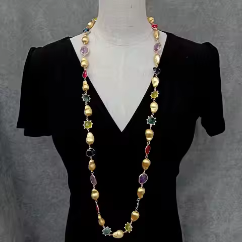 Y·YING Natural Stone Fluorite Lemon Quartz Amethyst Jade Long Necklace Fashion Necklaces 40"