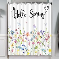 Spring Floral Shower Curtain Bathroom Decor Flower Butterflies with 12 Hooks 72 x 72 Inches
