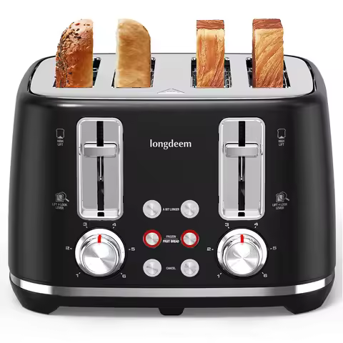 4 Slice Toaster, 1.5" Extra Wide Stainless Steel Slots, Dual Controls, Removable Crumb Tray, 6 Shade