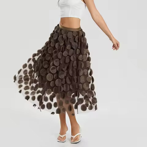Women Tulle Tutu Skirt Solid Color 3D Dot Elastic Mesh Fairy A-Line Skirt for Beach Party Streetwear