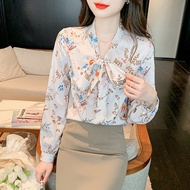 New Fashion Korea Style Lengan Panjang Blus Wanita Musim Panas Casual Blouse Motif Bunga Bahan Sifon