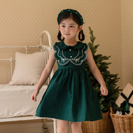 Dress anak perempuan emerald green hijau embroidery motif bordir pita korean style dress christmas n