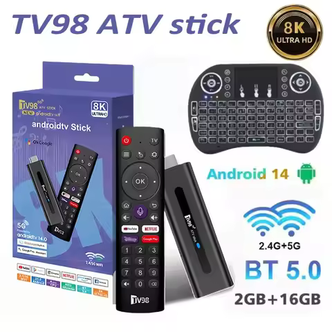 TV98 ATV Smart TV Stick 8K Android 14 2.4G 5G Wifi Support OTA Media Player TV Receiver BT5.0 2GB 16