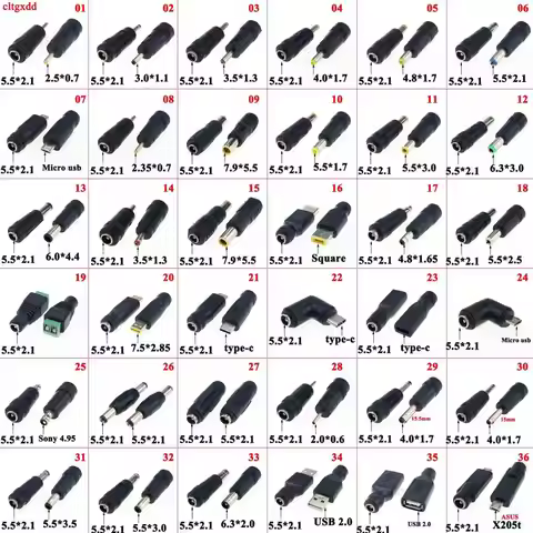 1X DC Power Male to Female 2.5x0.7 6.5*4.4 4.0X1.7 3.0*1.1 5.5*2.5 Type c Usb to 5.5*2.1 Plug Conver
