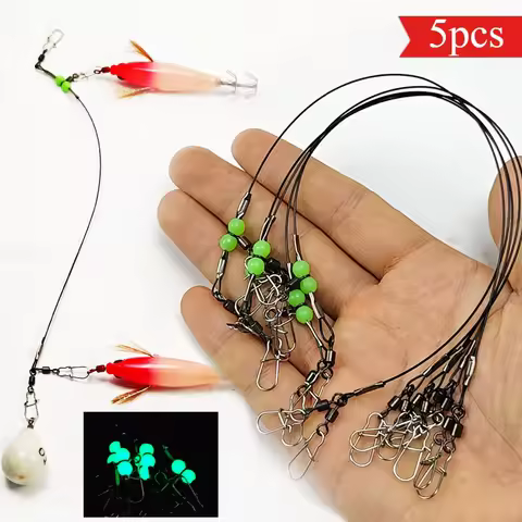 5pcs Squid Jig Rig Wire Leading Trace with Luminous Bead Swivel Eging Squid Fishing Rig Sea Cuttlefi