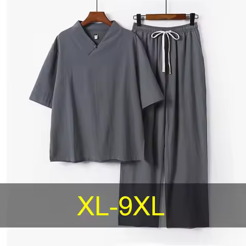 9XL Plus Size Suits Men Sets Summer Linen T-shirts Pants Fashion Casual Solid Color Suits Male Big S