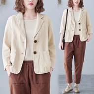 Baju Raya 2024 Women Blazers Casual Cotton Linen Office Suit Jacket Smart Casual Blazer Notch Lapel Collar 2 Button Korean Fashion Short Outwear