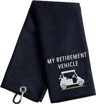 My Retirement Vehicle Funny Black Golf Towel, Embroidered Golf Towels for Golf Bags with Clip, Golf Towel for Dad, Men, Grandpa, Golf Fan Colleague Retirement Birthday Gifts