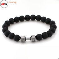 BS Volcano Stone Black Frosted Beaded Bracelet With Metal Dumbbell Fitness Bracelet