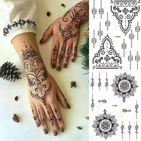 Black Henna Temporary Tattoos for Women Lace Flower Mehndi Sticker for Hand Fake Henna Tattoo Sticke