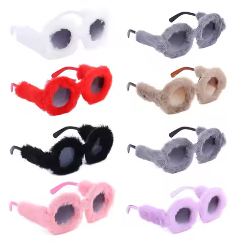 7 Colors UV400 Plush Sunglass Round Frame for Women's PC Cute Plush Suneyewear UV Resistant Sun Glas