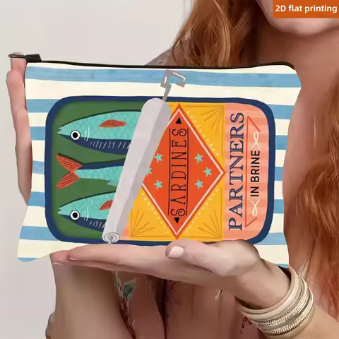 Sardine Partners Graphic Makeup Bag - Beige, Foldable & Lightweight Linen Travel Pouch with Zipper C