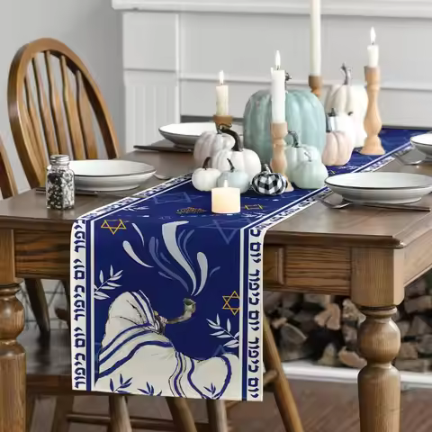 Shofar Leaves Yom Kippur Linen Table Runner Holiday Party Decor Hexagram Kitchen Dining Table Runner