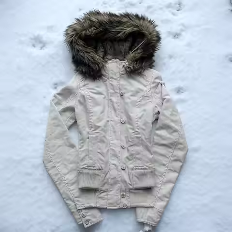 Gothic Y2K Vintage Fur Lined Hooded Jacket Womens White Button Zipper Coat with Faux Fur Trim Fashio