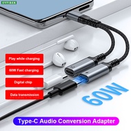 2 in 1 USB C to 3.5mm Headphone Jack Adapter 60W Type C Fast Charging Cable Audio Splitter Converter