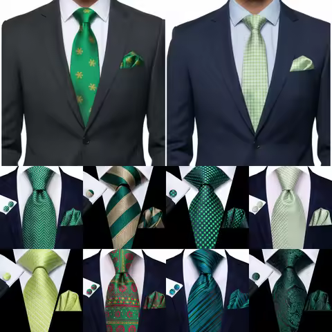 Hi-Tie Mens Gift Tie Set Green Solid Striped Silk Wedding Tie For Men Fashion Design Quality Tie Han