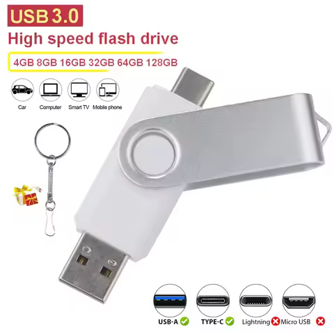 TYPE-C 2 in 1 Rotatable USB 3.0 Flash Drive 128GB for Android & Iphone 15/16 Serie Memory Stick 64GB