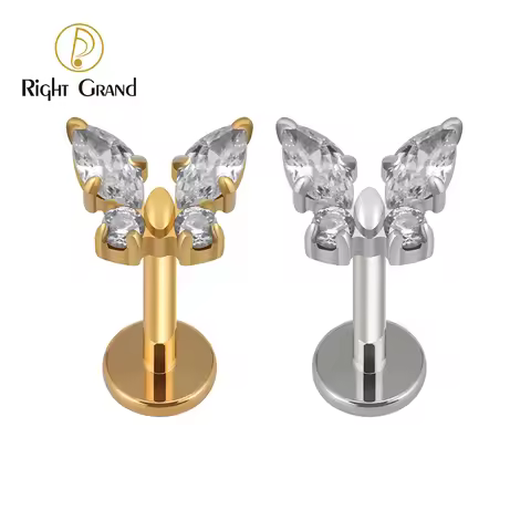 Right Grand ASTM F136 Titanium CZ Butterfly Labret Cartilage Piercing Flat Back Lip Monroe Tragus St