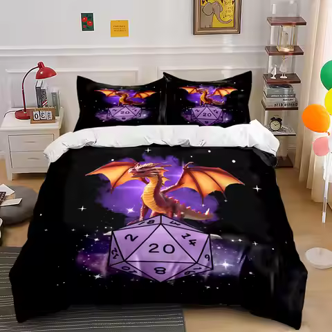 Purple dragon with D20 dice Print Bedding Set 1 Duvet Cover 2 Pillowcases for Adult and Children Lux