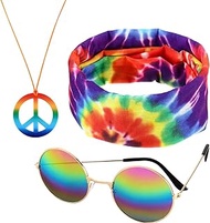 3 Pcs Hippie Accessories Costume,70s Hippie Rainbow Leopard Outfit,Hippie Headbands for Men Peace Sign Necklace Sunglasses