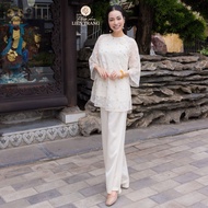 Buddhist Design Blue Suit for Going to Temple Dharma Dress Lien Trang Floral Embroidery Pearl Silk P