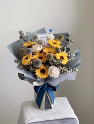 【香皂花乾燥花】男藍色款黃色向日葵香皂花乾燥花自然風畢業花束