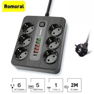 3000W 5 B Power Strip Extension Socket EU 6AC Outlets Type-C 2M Cable Portable European Plug Charger