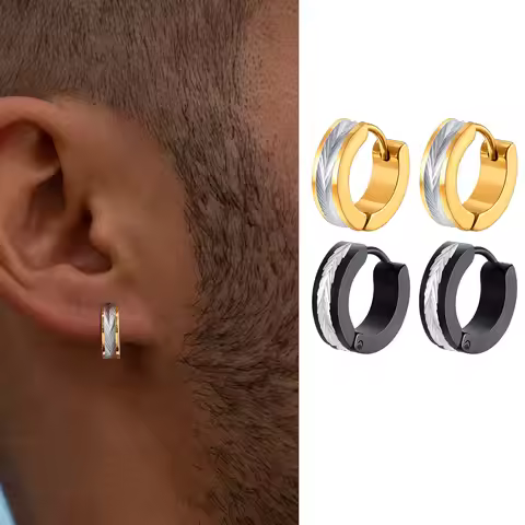 New Stainless Steel Hoop Earrings for Men,Waterproof Two Tone Huggies Earrings,Trendy Simple Jewelry