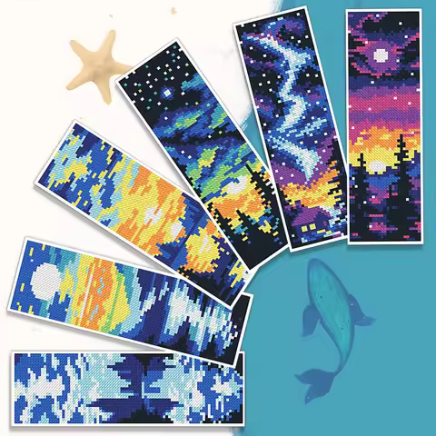 6Pcs DIY Cotton Single-Sided Stamped Needlepoint Bookmark Kit for Adult Embroidery Bookmark Cross St