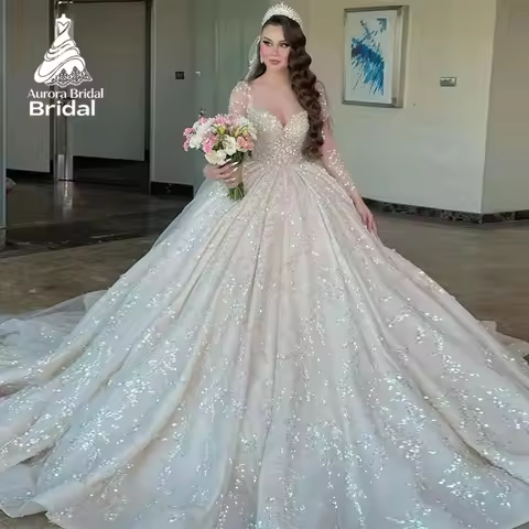 Aurora Customized Elegant Luxury Long Sleeve Dubai Wedding Dress Ball Gown Sequined Beading Illusion