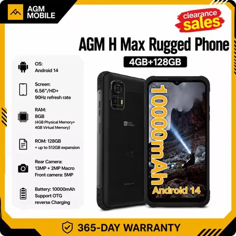 AGM H Max Rugged Phone 10000mAh IP68 Waterproof 6.56" 90Hz 4GB+128GB Android Smartphone for Outdoor