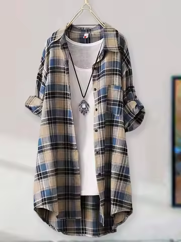 Women's Vintage Red Plaid Long Shirt Dress, Casual Loose Fit Button Down Blouse, Roll Up Long Sleeve