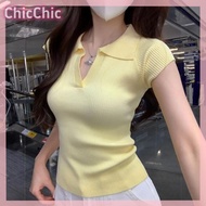 ChicChic Áo len dệt kim có ve áo co giãn màu trơn thời trang phong cách Hàn Quốc Áo Thun Mùa hè
