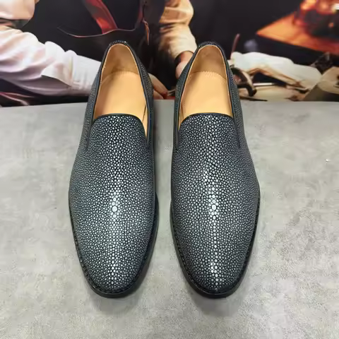 Authentic Exotic Pearl Fish Skin Men's Classic Black Dress Loafers Genuine Thailand Stingray Leather