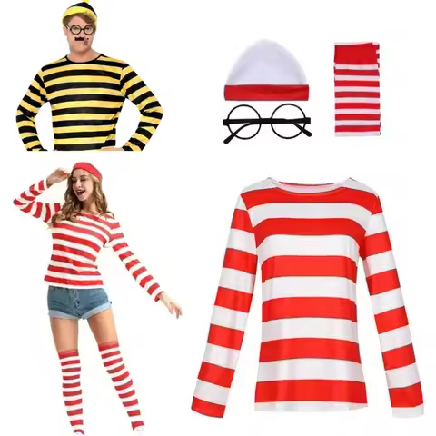 Wheres Waldo Striped Shirt Kids Boys Wally Costume Shirt Glasses Hat Socks Unisex Adults Christmas H