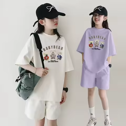 2026 SUMMER children set Girls Clothes sport tracksuit teenager bear letter T-shirt + shorts hot pan