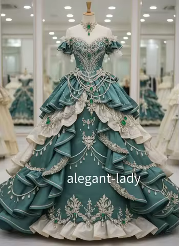 Custom Green Vintage Victorian Ball Gown Embroidered Beaded Appliqué Glamorous Evening Gown Cosplay