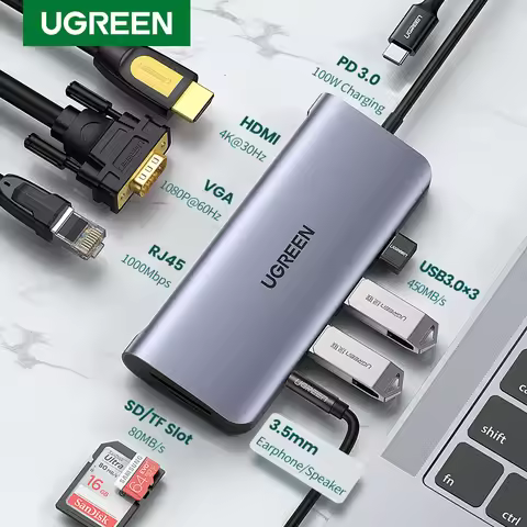 UGREEN USB HUB Dual Monitor Type-C to 4K HDMI VGA Gigabit RJ45 SD&TF USB3.0 Ports PD100W Dock for Ma