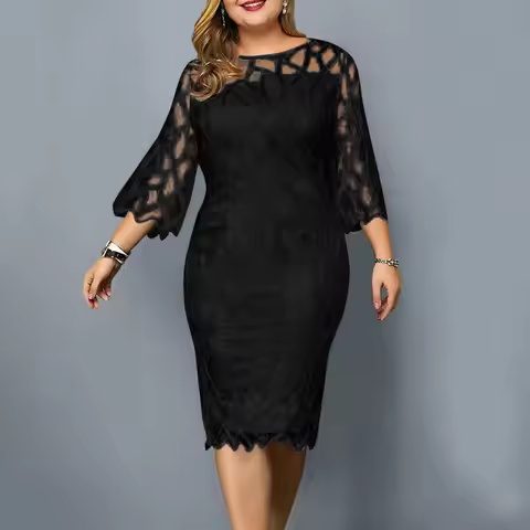 Plus Size Summer Dresses for Women Lace Mesh Spliced Elegant Party Midi Dress Loose 3/4 Sleeve Women