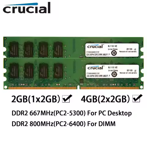 Crucial Memoria DDR2 Desktop PC RAM 2GB 4GB(2x2GB) 667MHz 800MHz DIMM PC2-6400 PC2-5300 1.8V Non-ECC