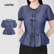 (New) Lovito Casual Denim Top Bow Tie Back Spring/summer Navy Blue Denim Top for Women L144AD017 Lov