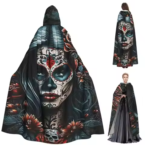 Mexico Skull Woman Vintage Style Long Hooded Cloak Witch Medieval Costume Cosplay Cape HalloweenCoat